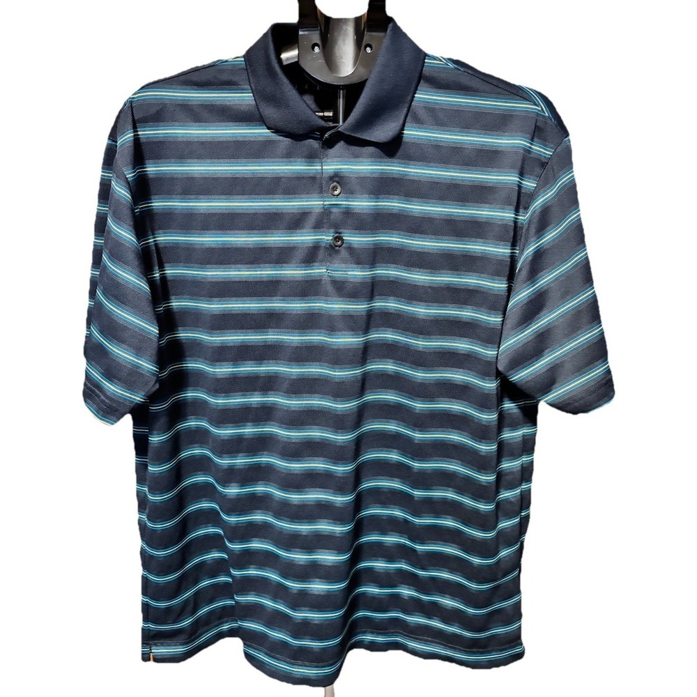 Nike Golf Mens L Breathable Blue Stripe Polo Shirt Polyester Comfort Performance